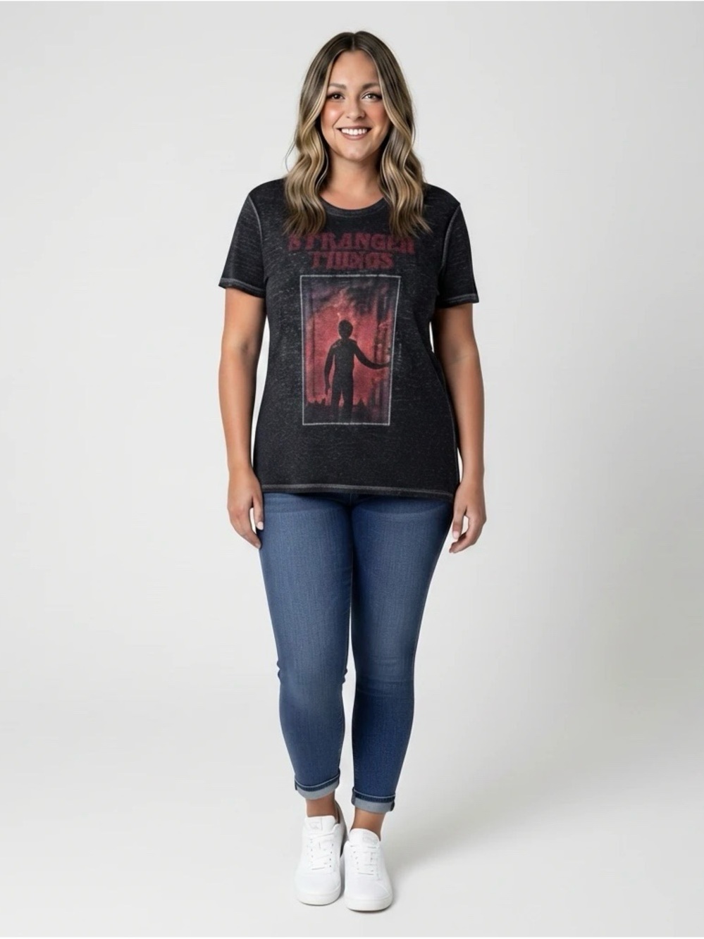 Netflix Stranger Things Burnout Black Graphic T-Shirt – Women’s Large Fandom